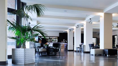 Lobby of an upscale resort with leather couches and a bar in the background